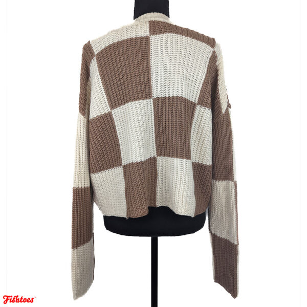 Cream & Brown Checker Knit Sweater Women's Small