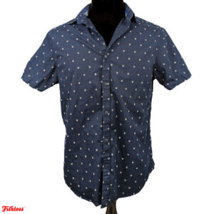 Denim & Flower Skull Pattern Navy Blue Collared Button Up Short Sleeve Shirt Skull Pattern