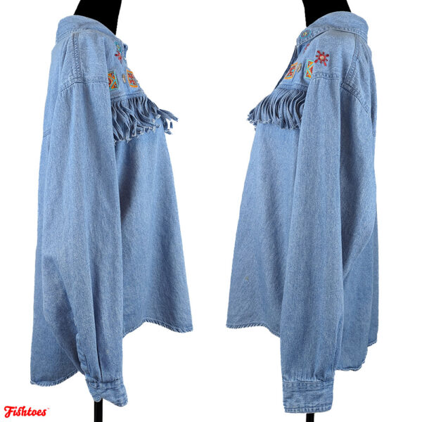 Denim Jean Long Sleeve Shirt Fringe Embroidered Silver Women's XL Shirt Cowgirl Country