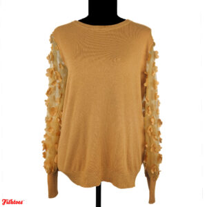 Gold Mustard Yellow Mesh Sleeves With Flowers Long Sleeve Shirt Top Women's Large