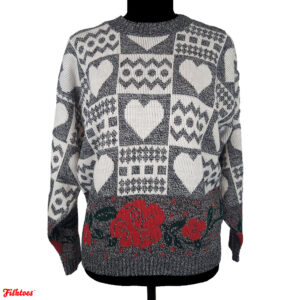 Hot Cashews Vintage 90's Winter Heart Rose Grey White Red Green Printed Sweater Women's Medium