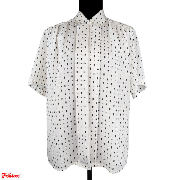 Impressions Vintage Square Diamond Patterned Button Up Short Sleeve Collared White Shirt Women's 6 Small