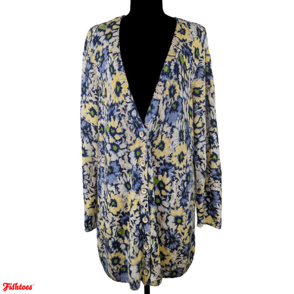 J Jill Pastel Floral Knit Long Full Length Cardigan Sweater Women's XL 1X Yellow Pink Blue Green