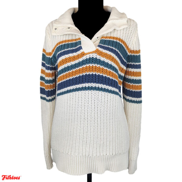 LL Bean Chunky Knit White Striped Sweater Blue Gold Green Collared Women's Medium Thrift Fishtoes