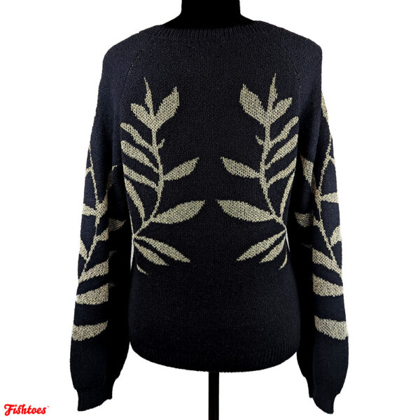 NWT New With Tags Lucky Brand Black Crewneck Sweater Gold Sparkle Leaves Leaf Women's XS