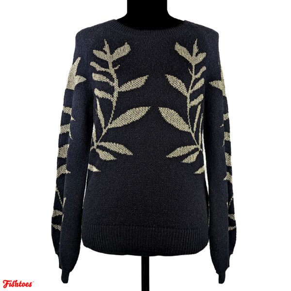 Lucky Brand Black Crewneck Sweater Gold Sparkle Leaves Leaf Women's XS Thrift Fishtoes New With Tags NWT