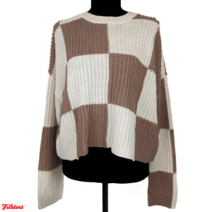 Moon & Madison Brown & Cream Checkered Crop Sweater Women's Small Thrift Fishtoes