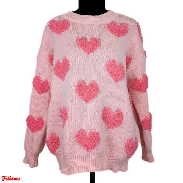 Pink Heart Pattern Unique Pullover Sweater Women's Large