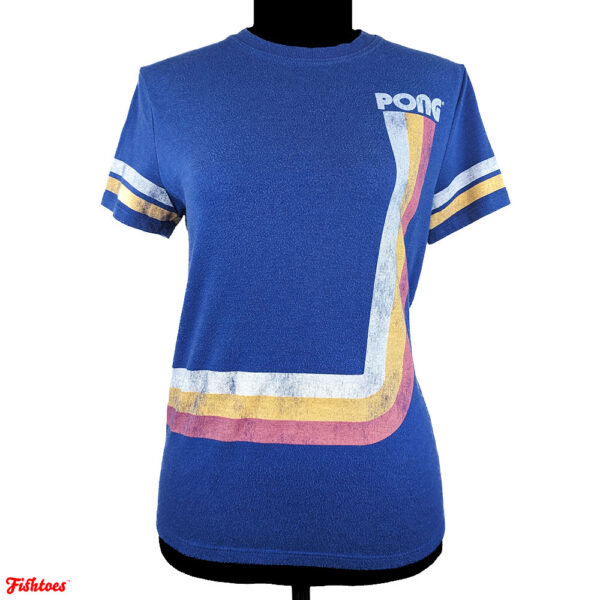 Pong Printed Graphic Short Sleeve T-Shirt Blue White Red Yellow Women's Medium Thrift Fishtoes