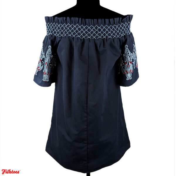 Shoulder Shirt Top Navy Blue Baby Blue Red Embroidery Floral Women's Small Top Blouse Shirt