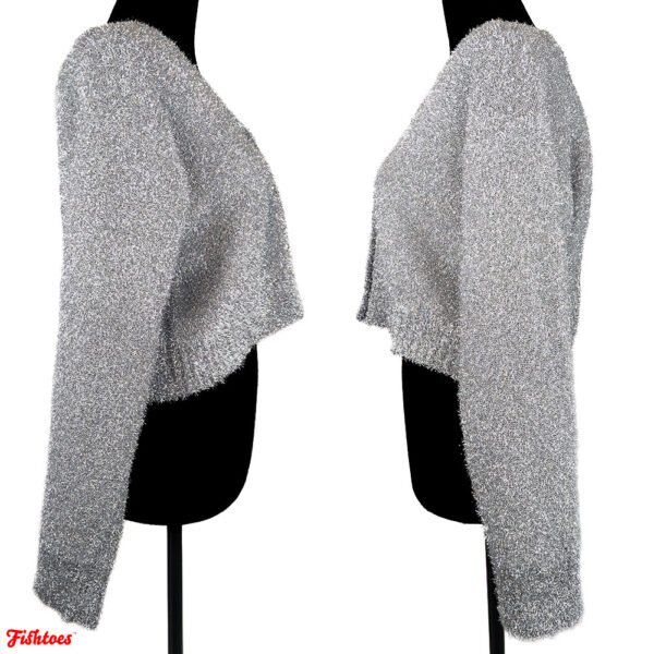 Silver Sparkle Tinsel Fuzzy Button Up Crop Top Sweater Women's Small