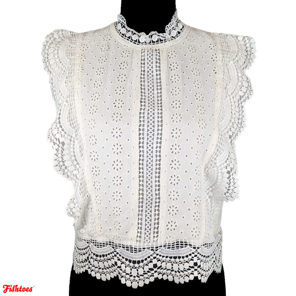 Sim & Sam Eyelet Baby Doll Sleeves Turtleneck White Shirt Blouse Cropped Women's Medium Top