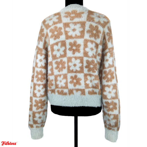 So Retro Baby Blue Tan Brown Checkered Flower Fuzzy Faux Fur Crewneck Sweater Women's Medium Funky