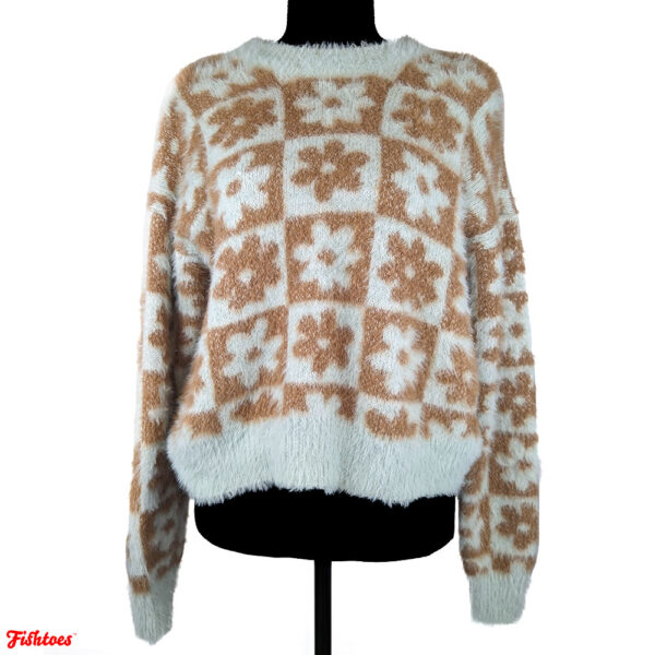 So Retro Baby Blue Tan Brown Checkered Flower Fuzzy Faux Fur Crewneck Sweater Women's Medium Thrift Fishtoes