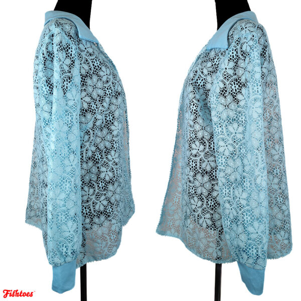 Unique Funky Aqua Blue Mesh Flower Floral Sheer Collared Coverup Women's Large