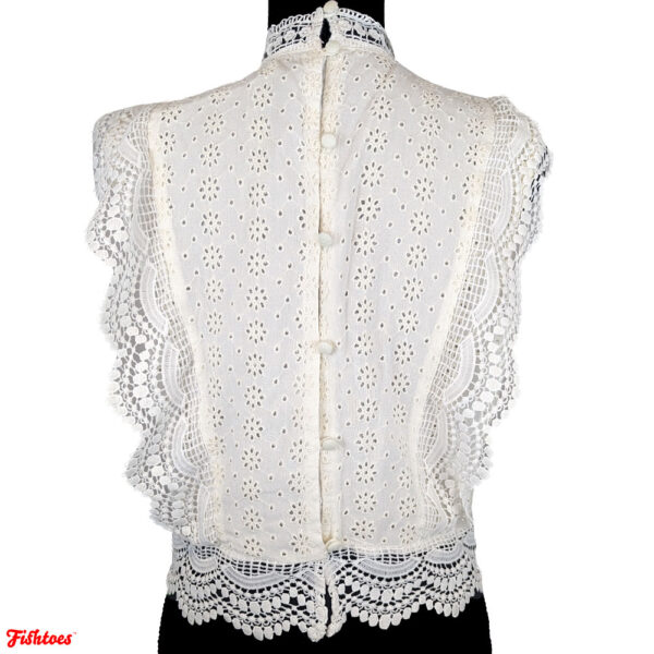 Unique Baby Doll Wings Lace Eyelet Back Buttons Turtleneck Blouse Top Shirt Women's Medium