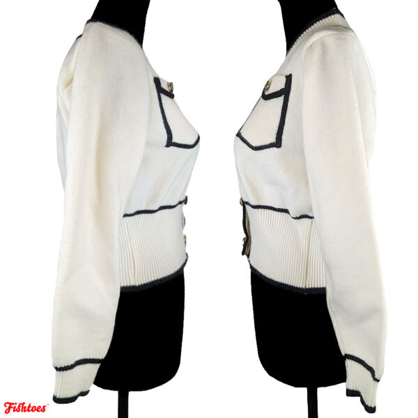 Vintage Black & White Preppy Fitted Front Pockets Cropped Sweater Cardigan Women's Small