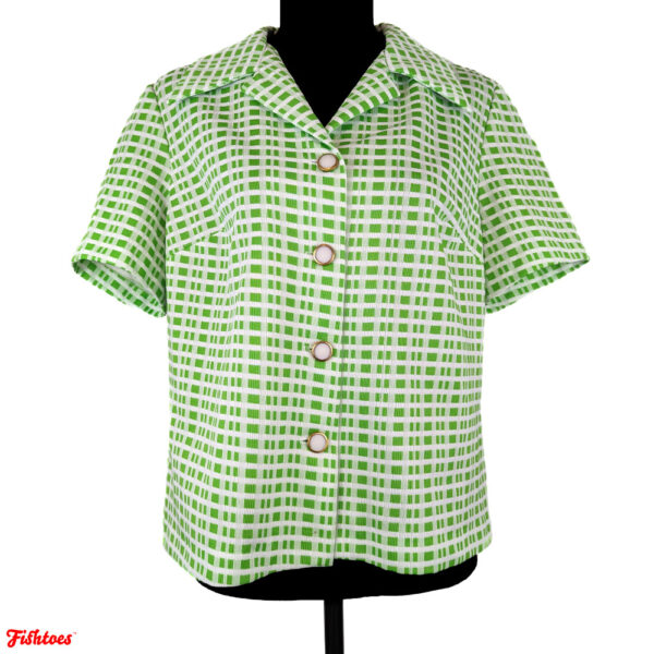 Vintage Jill Fashions Women's Bright Green Lime Striped Plaid Dress Shirt Button Up Collared Short Sleeve Size 14 Large Thrift Fishtoes