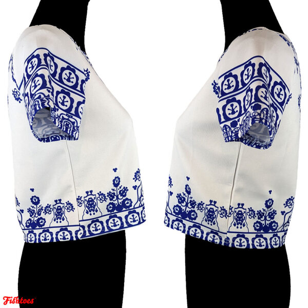 White Blue Greek Crop Top Women's Small Blouse Short Sleeve Crop Top