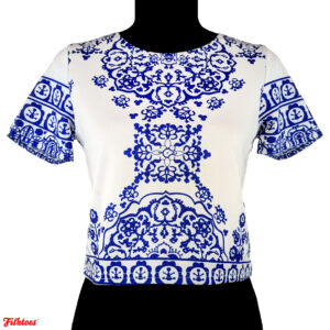 White Short Sleeve Crop Top Blue Detailed Embellishments Royal Women's Small Crop Top