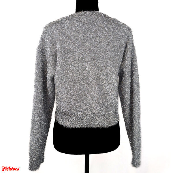 Women's Small Crop Sweater Button Up Silver Fuzzy