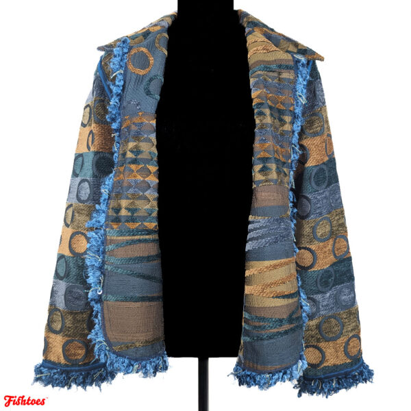 Yak Magik Blue Bronze Circles Patterned Fur Blue Trim Women's Large Coat Thrift Fishtoes