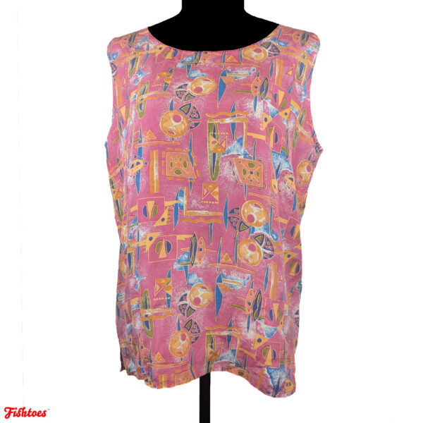 80'S 90's Casual Isle 100% Silk Salmon Pink Yellow Patterned Tank Top Women's Large