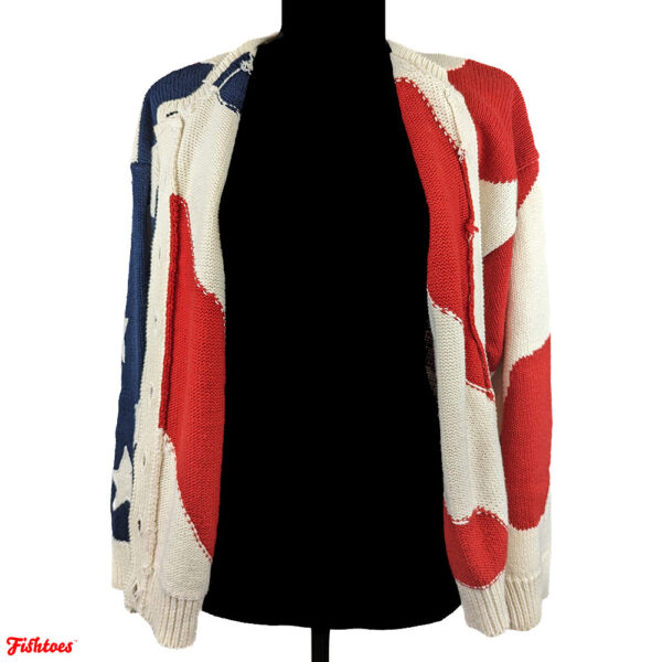 90's American Flag Red White Blue Woven Cardigan Button Up Sweater Women's Small