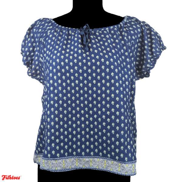 Vintage AZ Arizona Jean Company Brand Blue Floral Flowered Peasant Cottage Hippie Puff Sleeves Shirt Tie Women's Large