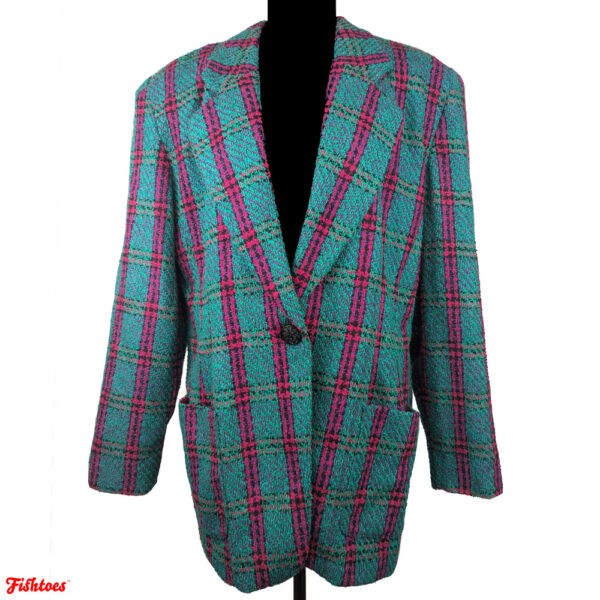 Eric Ryan Sport Vintage Teal Pink Striped Plaid Blazer Jacket Coat Women's Size 14 Large Thrift Fishtoes