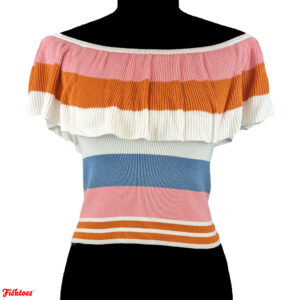 Forever 21 Off The Shoulder Striped Ribbed Crop Top Shirt Pink Orange White Blue Women's Medium