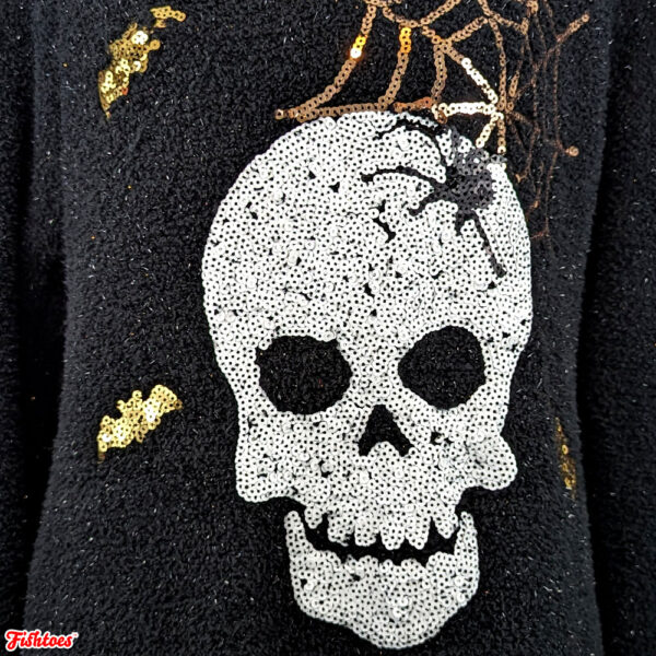 Halloween Sequin Skull Web Bats Spider Black White Gold Long Sleeve Sweater Women's Medium