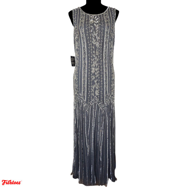 Pisarro Nights Bright Beaded Aline Gown Grey Silver Full Length Sequin Women's Size 12 Large Dress