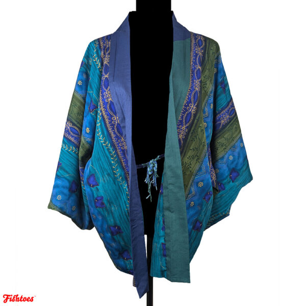 Short Blue Green Gold Kimono Style Japanese Jacket Women's Large