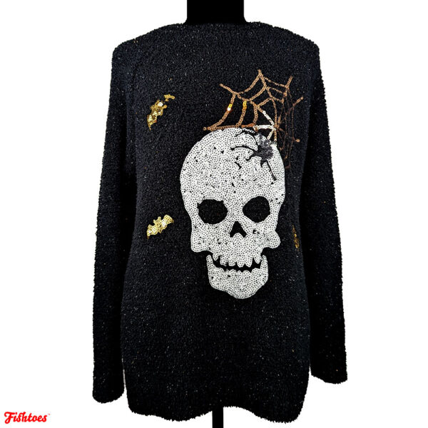 Sparkly Halloween Sequin Skull Web Bats Spider Black Gold White Long Sleeve Sweater Women's Medium