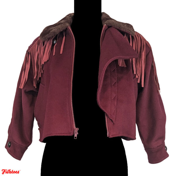 Unique Brown Plum Vintage Fringe Cropped Brown Jacket Fur Collar Women's Small