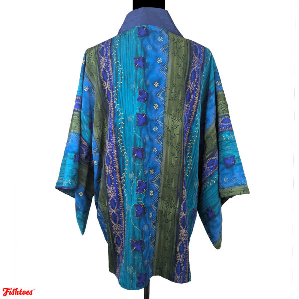 Unique Short Blue Green Gold Kimono Sleeve Jacket Women's Large