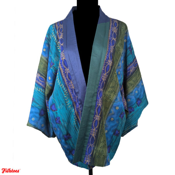 Unique Short Blue Green Gold Kimono Style Japanese Jacket Women's Large