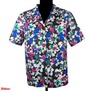 Vintage 80's Impressions Of California Funky Floral Flower White Black Pink Blue Green Button Up Short Sleeve Shirt Women's Size 8 Medium Thrift Fishtoes