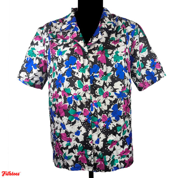 Vintage 80's Impressions Of California Funky Floral Flower White Black Pink Blue Green Button Up Short Sleeve Shirt Women's Size 8 Medium Thrift Fishtoes