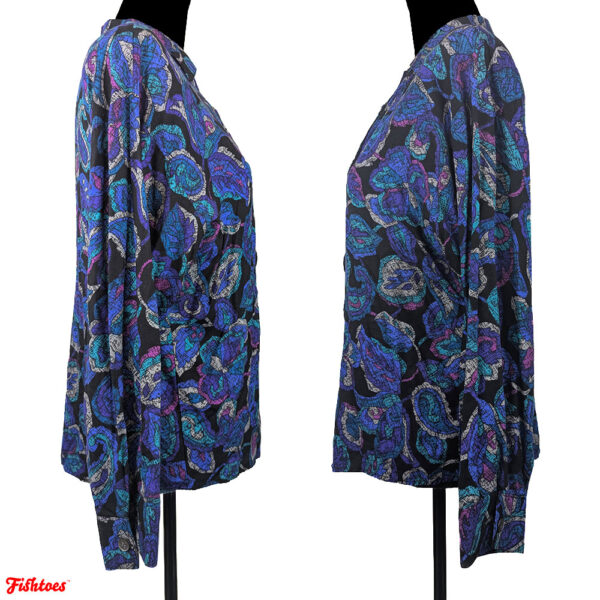 Vintage Ambiance Black Blue Paisley Button Up Collared Long Sleeve Shirt Women's Medium