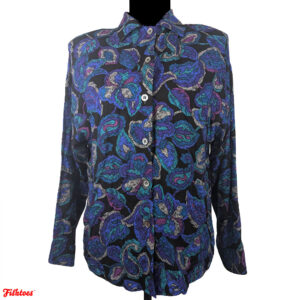 Vintage Ambiance Black Blue Paisley Button Up Collared Long Sleeve Shirt Women's Medium Thrift Fishtoes