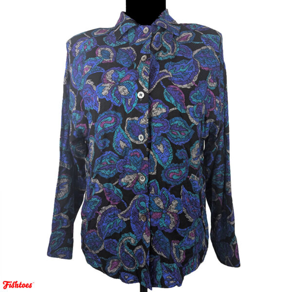 Vintage Ambiance Black Blue Paisley Button Up Collared Long Sleeve Shirt Women's Medium Thrift Fishtoes