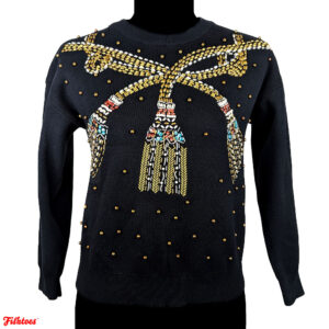 Vintage Beaded Bow Black Gold White Sweater Women's Medium