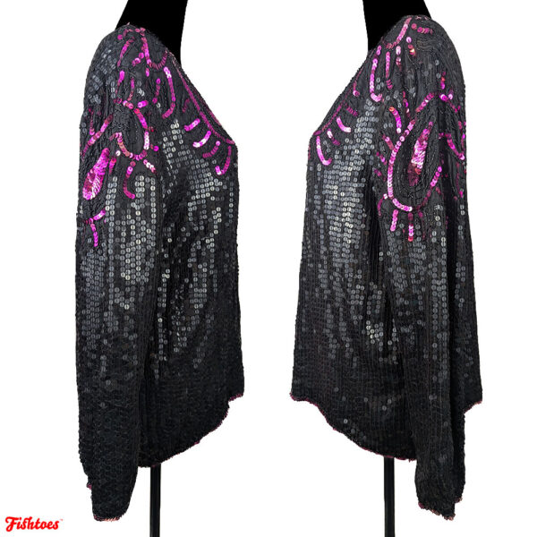 Vintage Black Hot Pink Sequin Silk Long Sleeve Sparkle Shirt Women's Medium