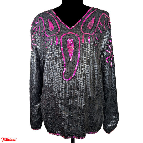 Vintage Black Hot Pink Sequin Silk Long Sleeve Sparkle Shirt Women's Medium Thrift Fishtoes