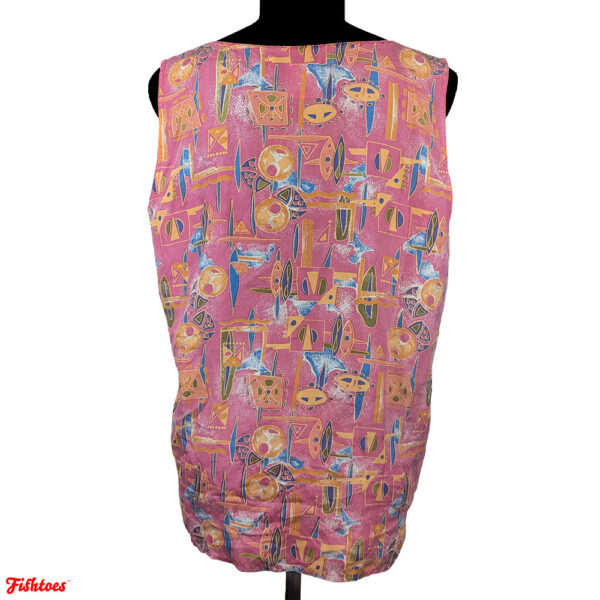 Vintage Casual Isle 100% Silk Pink Yellow Modern Patterned Tank Top Women's Large