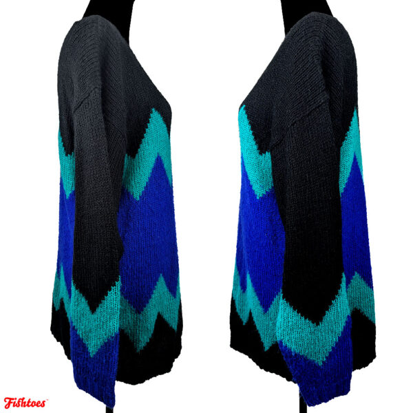 Vintage OS International Zig Zag Black Blue Teal Green Long Crewneck Sweater Women's Small