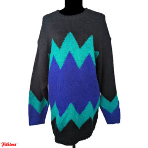 Vintage Zig Zag Black Blue Teal Green Long Crewneck Sweater Women's Small