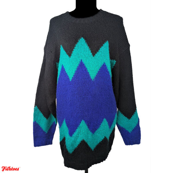 Vintage Zig Zag Black Blue Teal Green Long Crewneck Sweater Women's Small